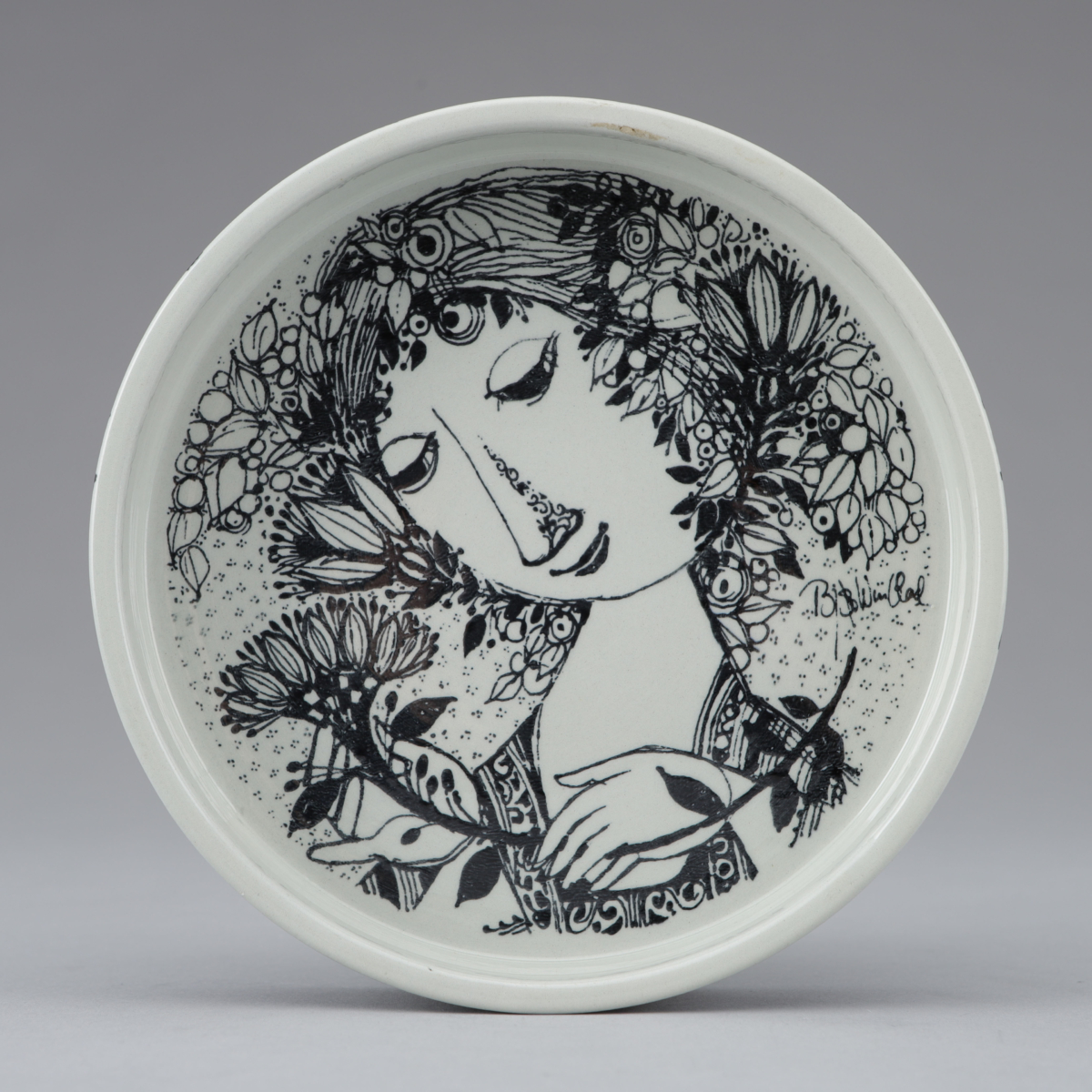 "Woman with Flowers" Black & White Dish